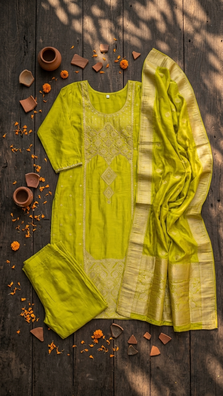 Lime Green Zari Dola Silk Kurti Set