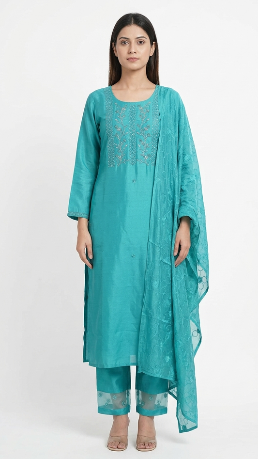 Teal Silver Silk Kurti Set