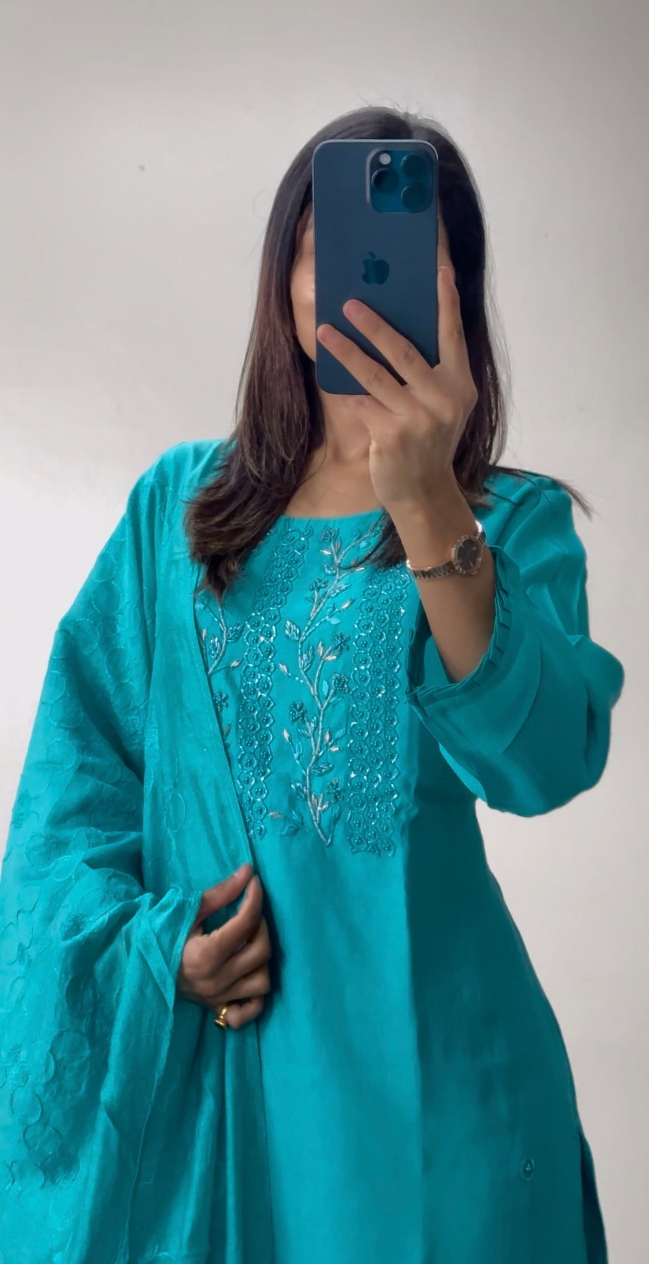 Teal Silver Silk Kurti Set