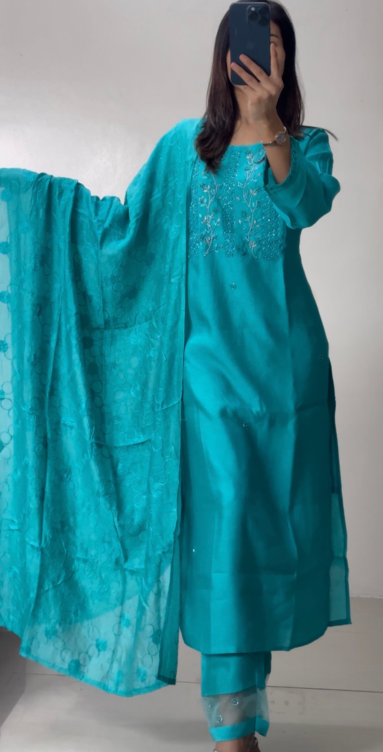 Teal Silver Silk Kurti Set