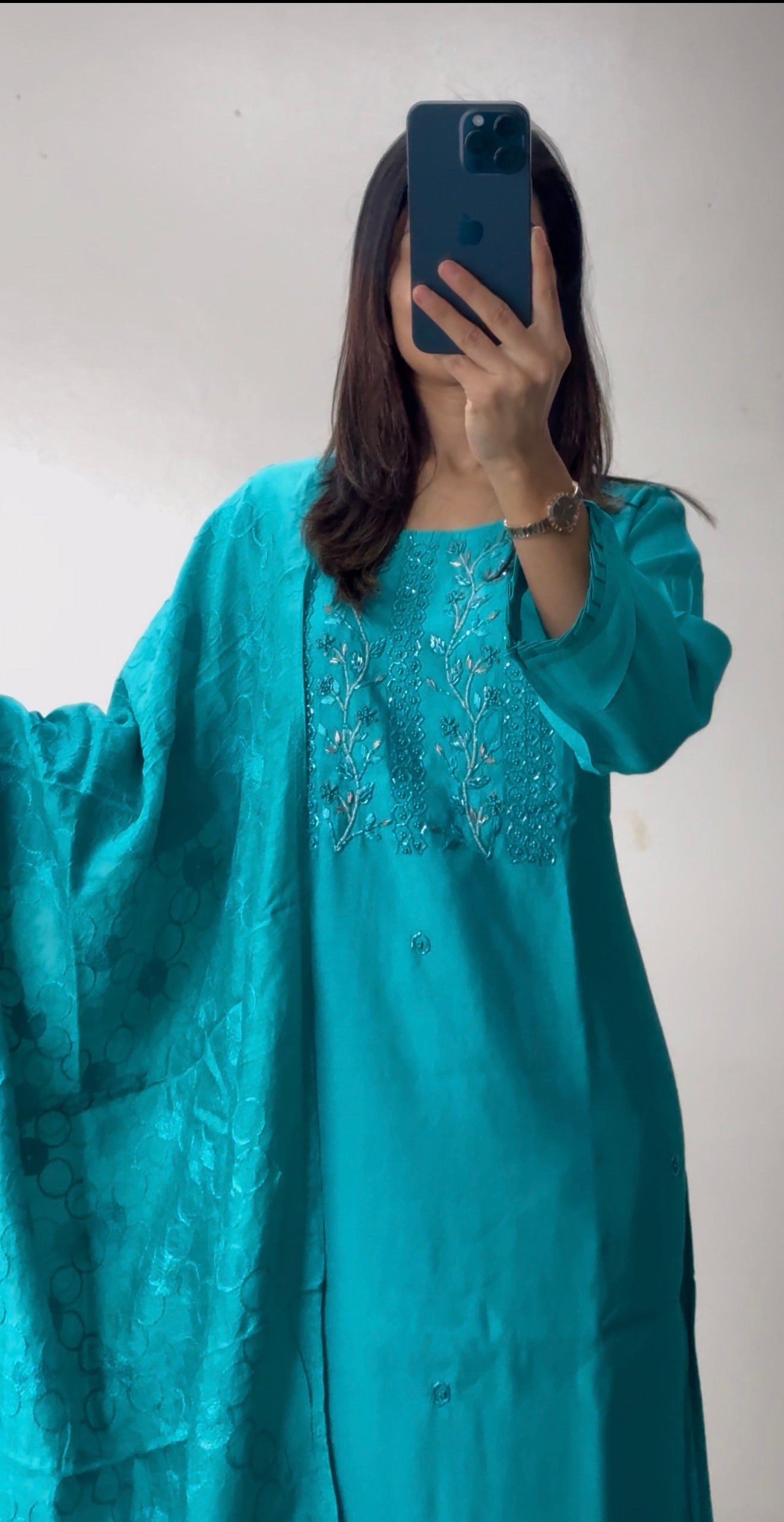 Teal Silver Silk Kurti Set