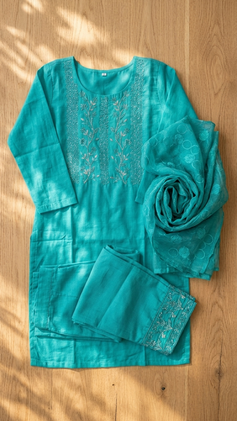Teal Silver Silk Kurti Set