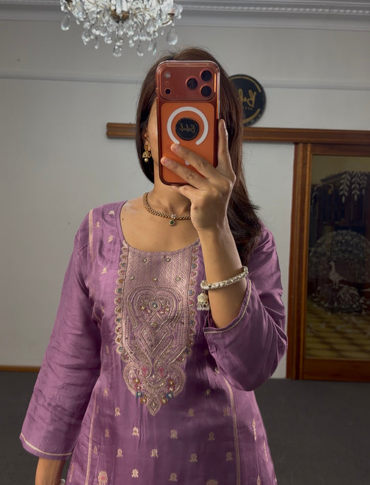 Mauve Zari Dola Silk Kurti Set