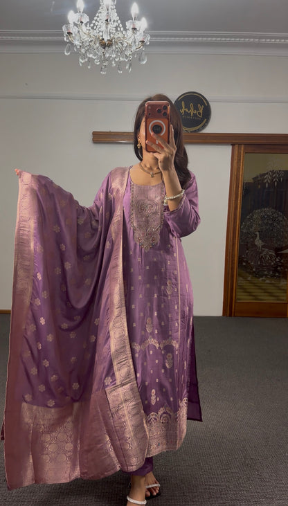 Mauve Zari Dola Silk Kurti Set
