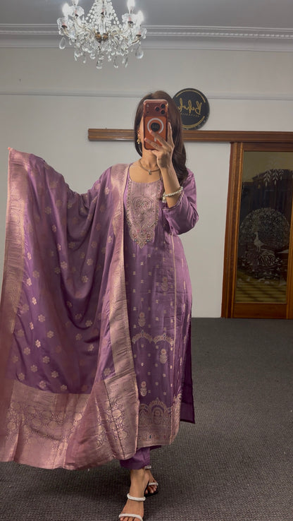 Mauve Zari Dola Silk Kurti Set