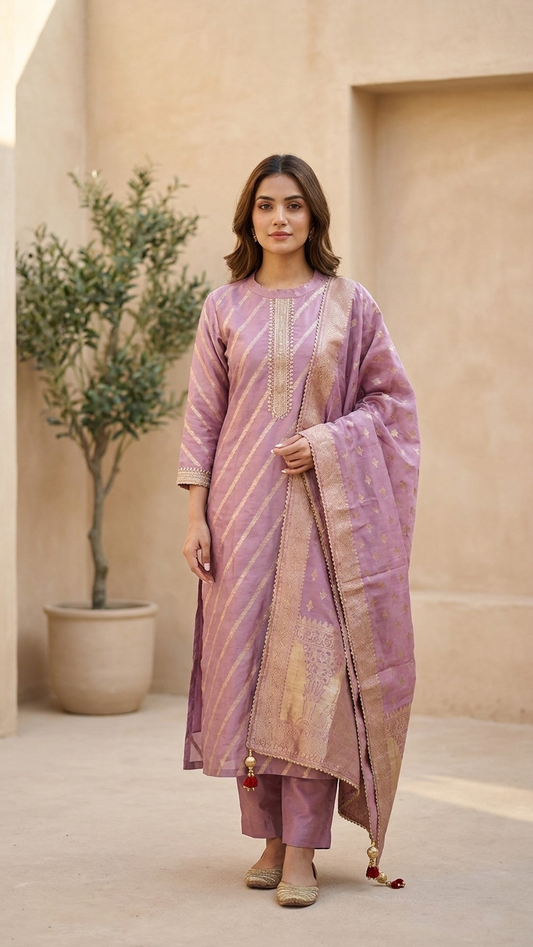 Lavender Zari Silk Kurti Set