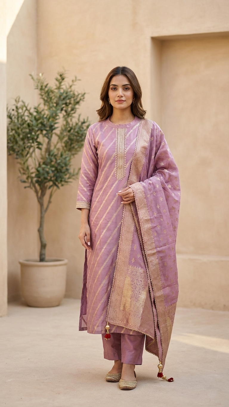 Lavender Zari Silk Kurti Set