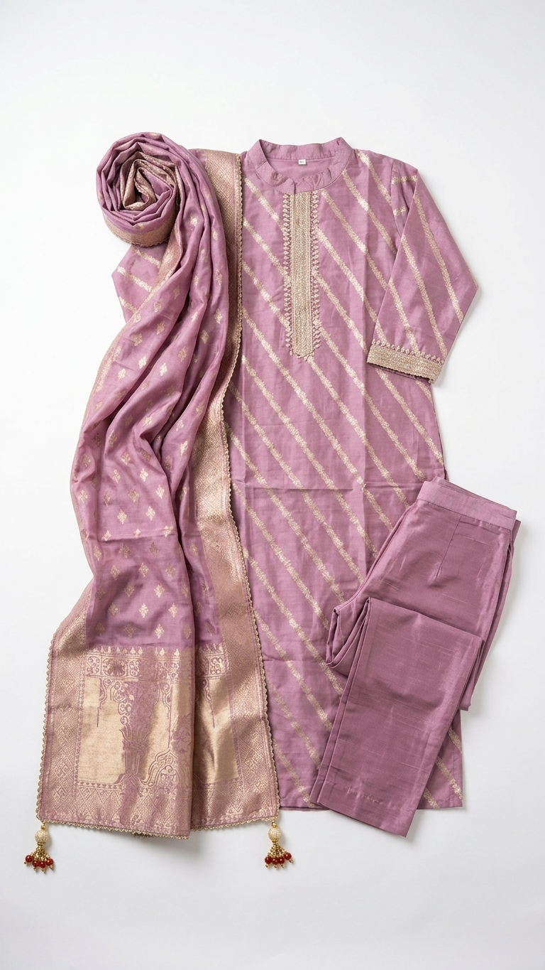 Lavender Zari Silk Kurti Set