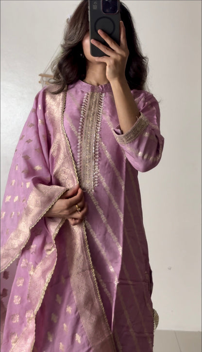 Lavender Zari Silk Kurti Set
