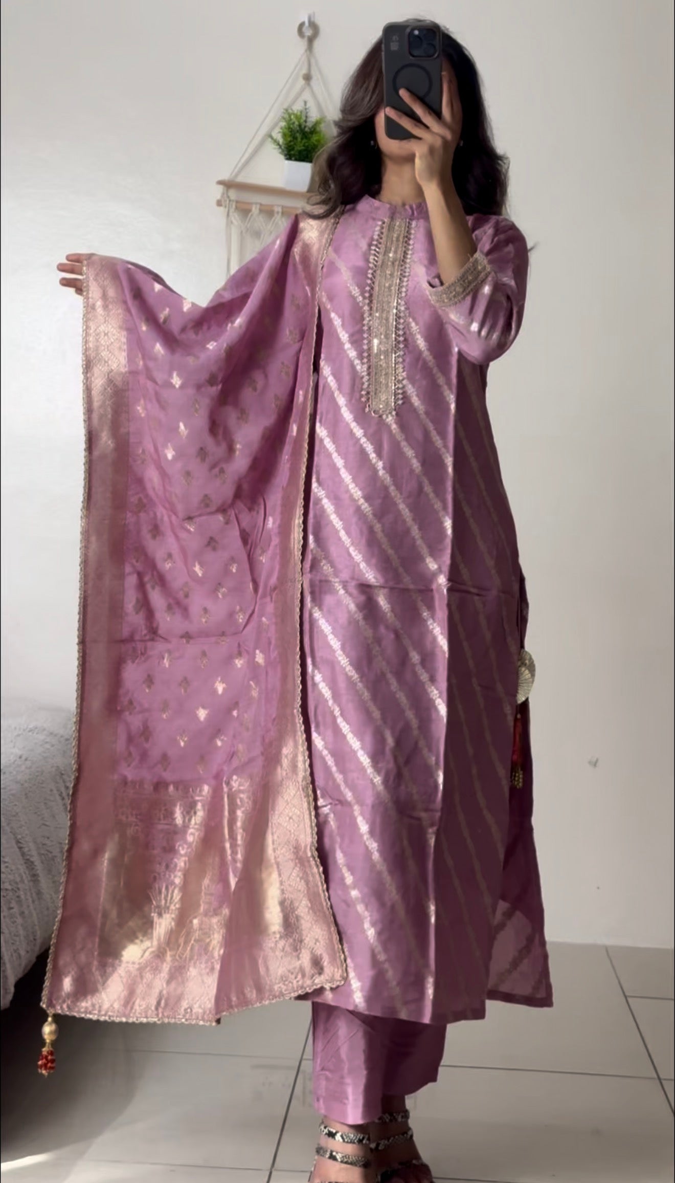 Lavender Zari Silk Kurti Set