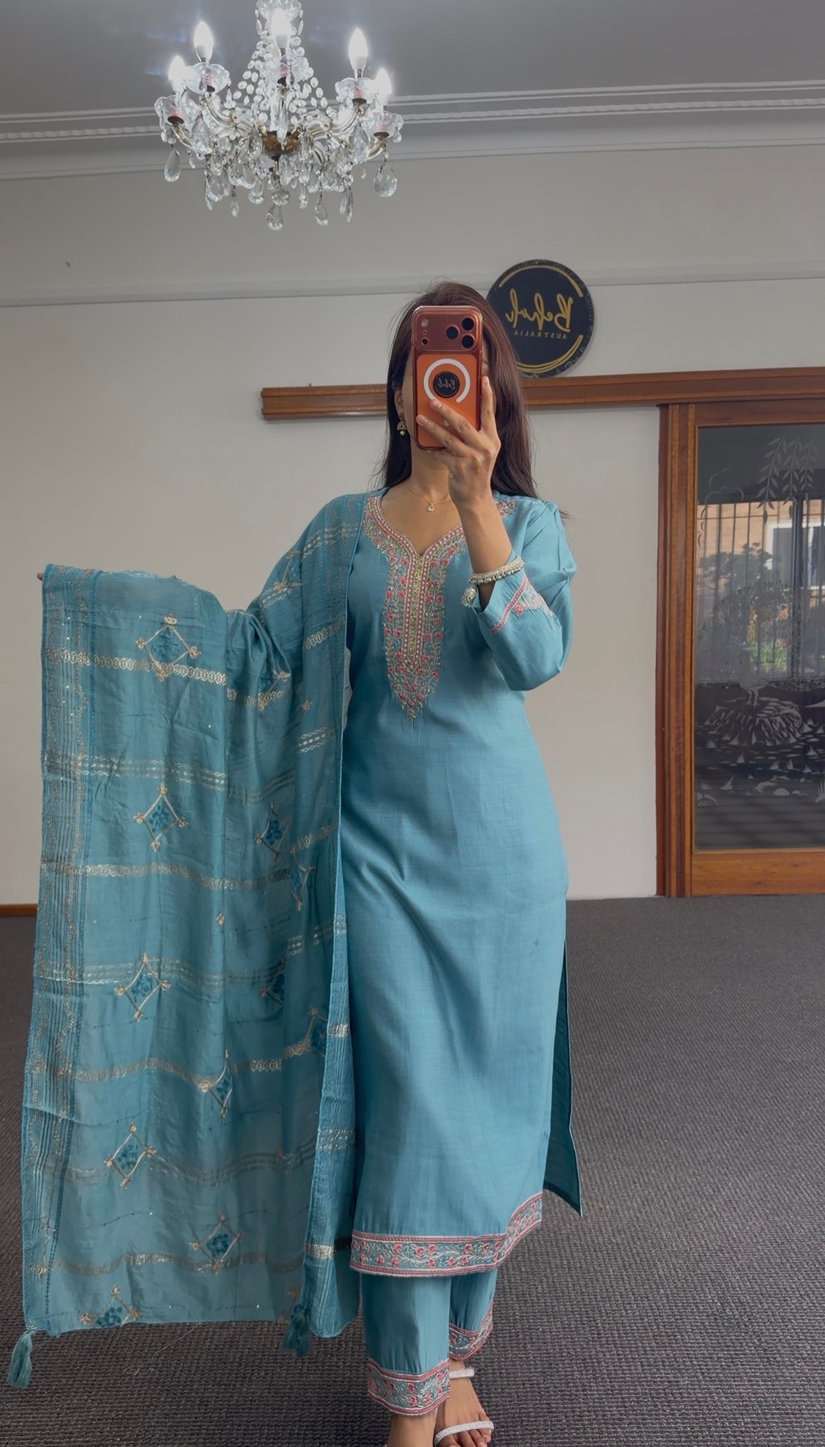 Steel blue Chanderi kurti set with resham and zari embroidery — Behuli Australia