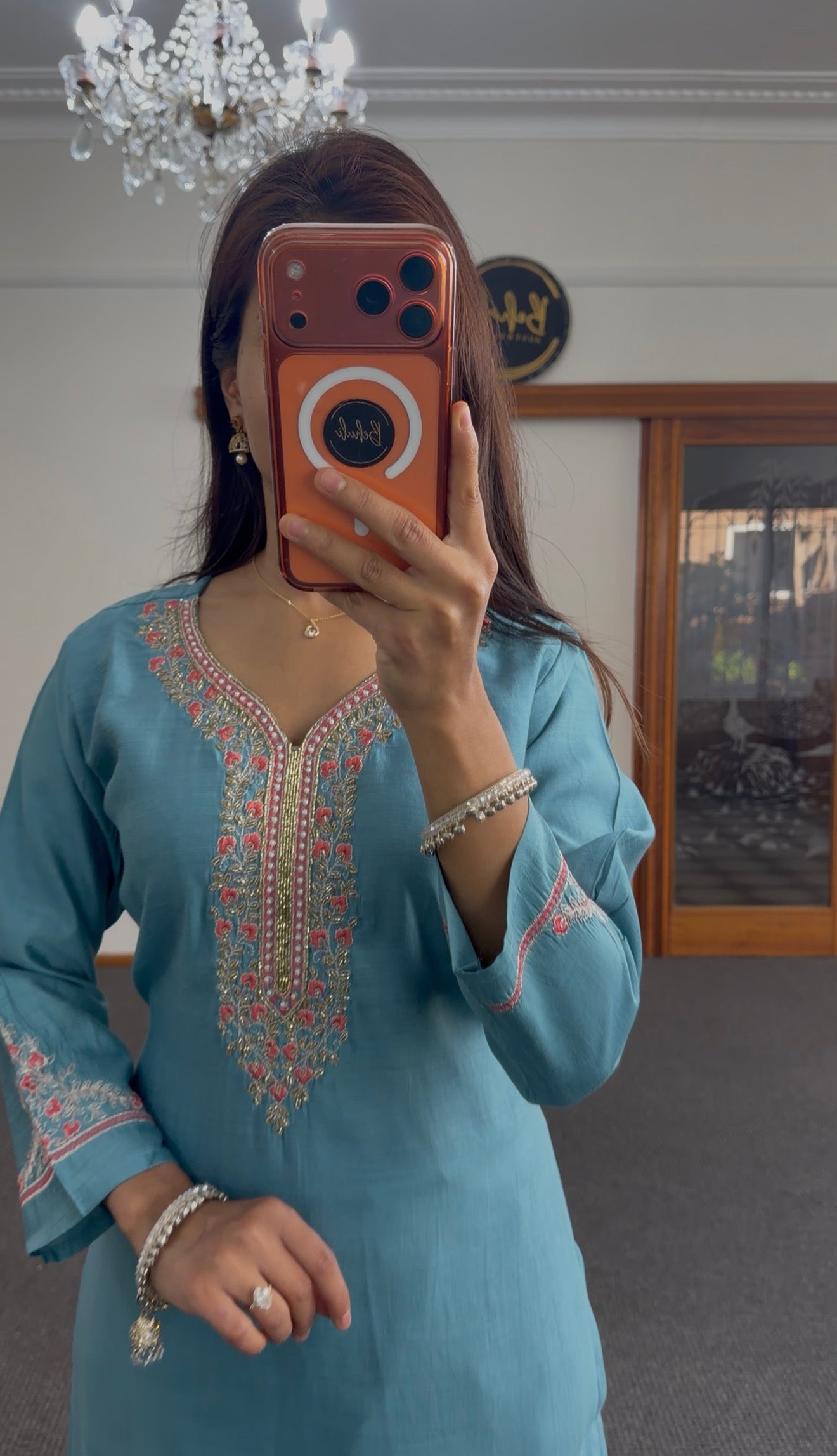 Steel Blue Chanderi Kurti Set with Resham & Zari Embroidery