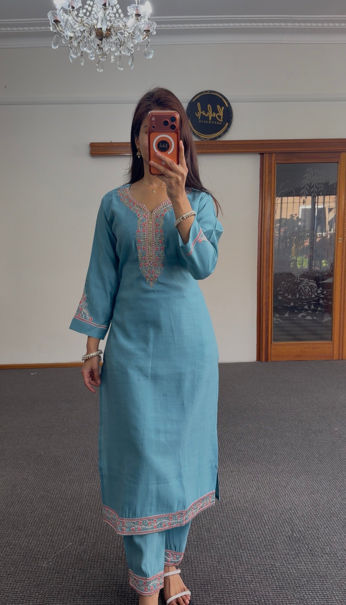 Steel Blue Chanderi Kurti Set with Resham & Zari Embroidery