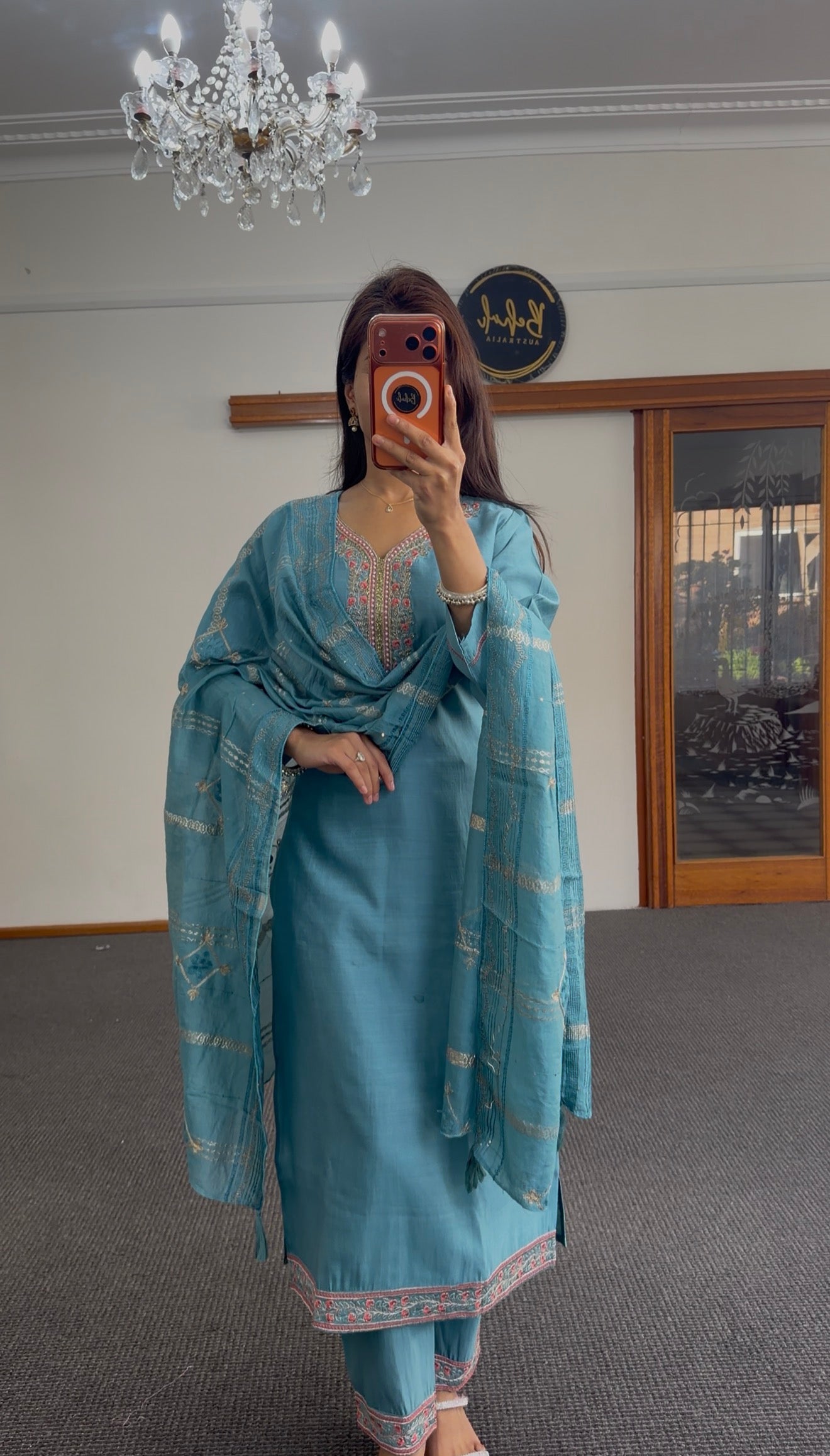 Steel Blue Chanderi Kurti Set with Resham & Zari Embroidery