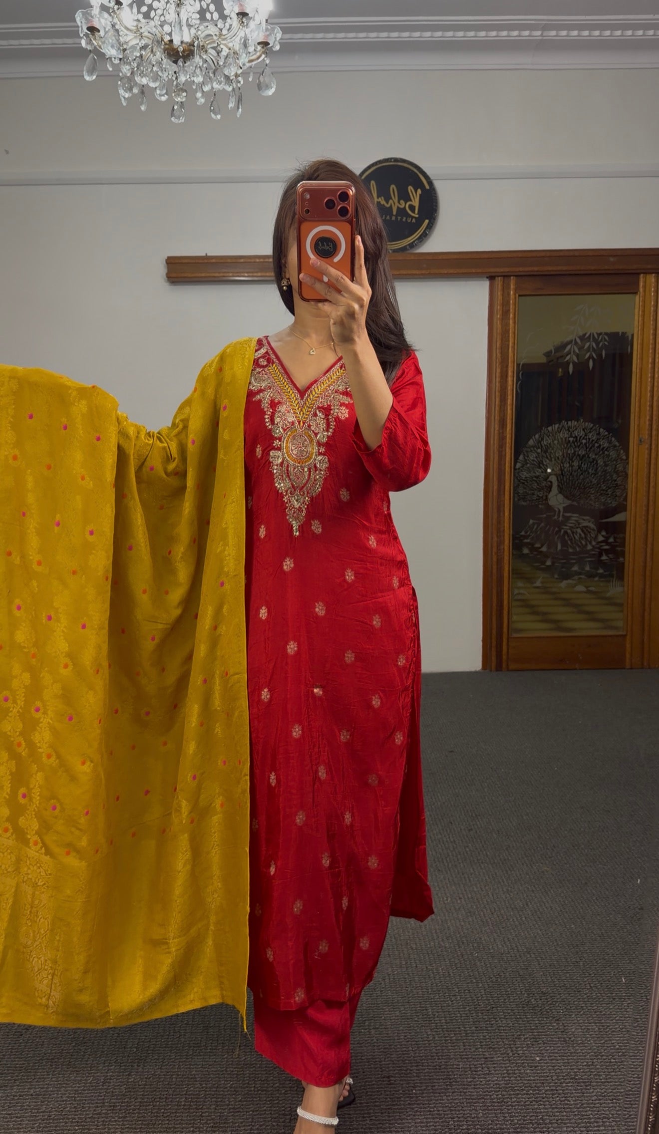 Red Banarasi Silk Kurti Set with Zari & Kundan Embroidery