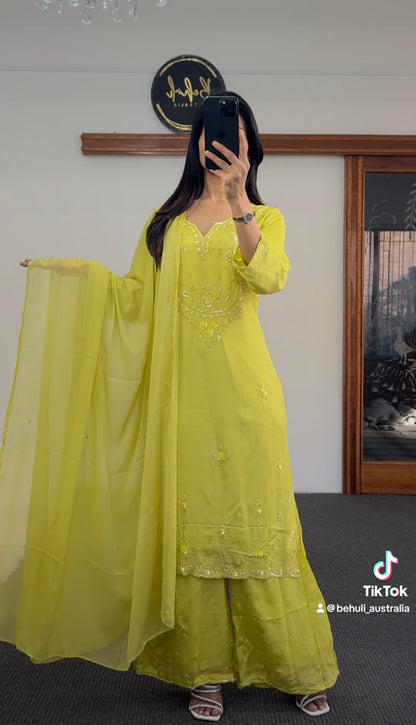Lime Yellow Sequin Chinon Palazzo Suit Set