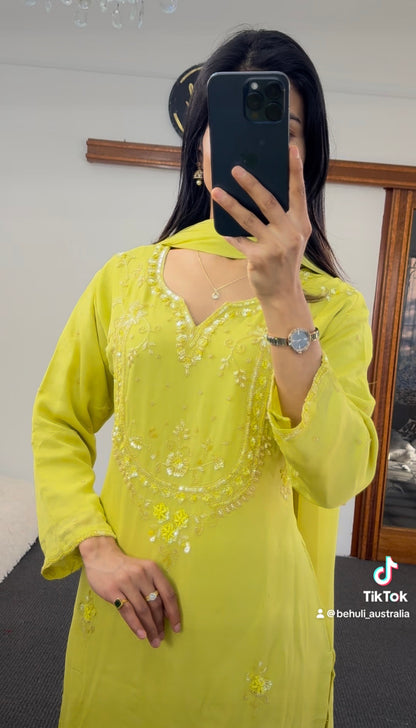 Lime Yellow Sequin Chinon Palazzo Suit Set