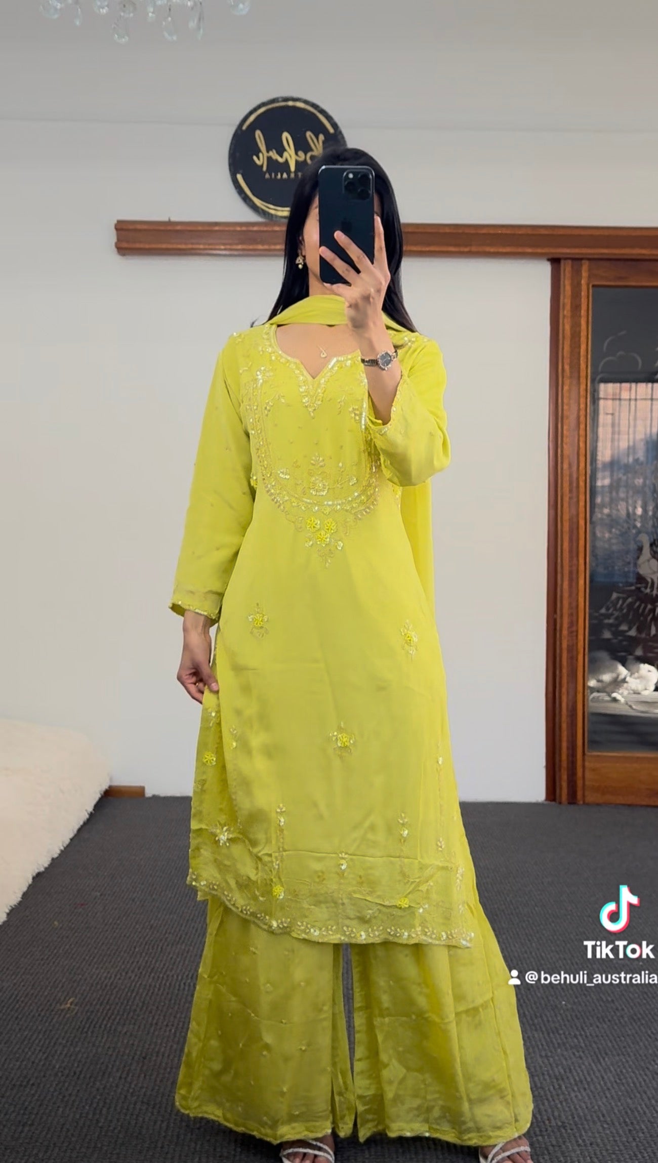 Lime Yellow Sequin Chinon Palazzo Suit Set