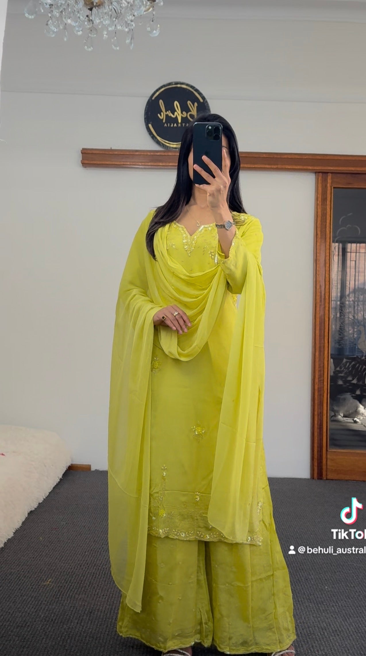 Lime Yellow Sequin Chinon Palazzo Suit Set