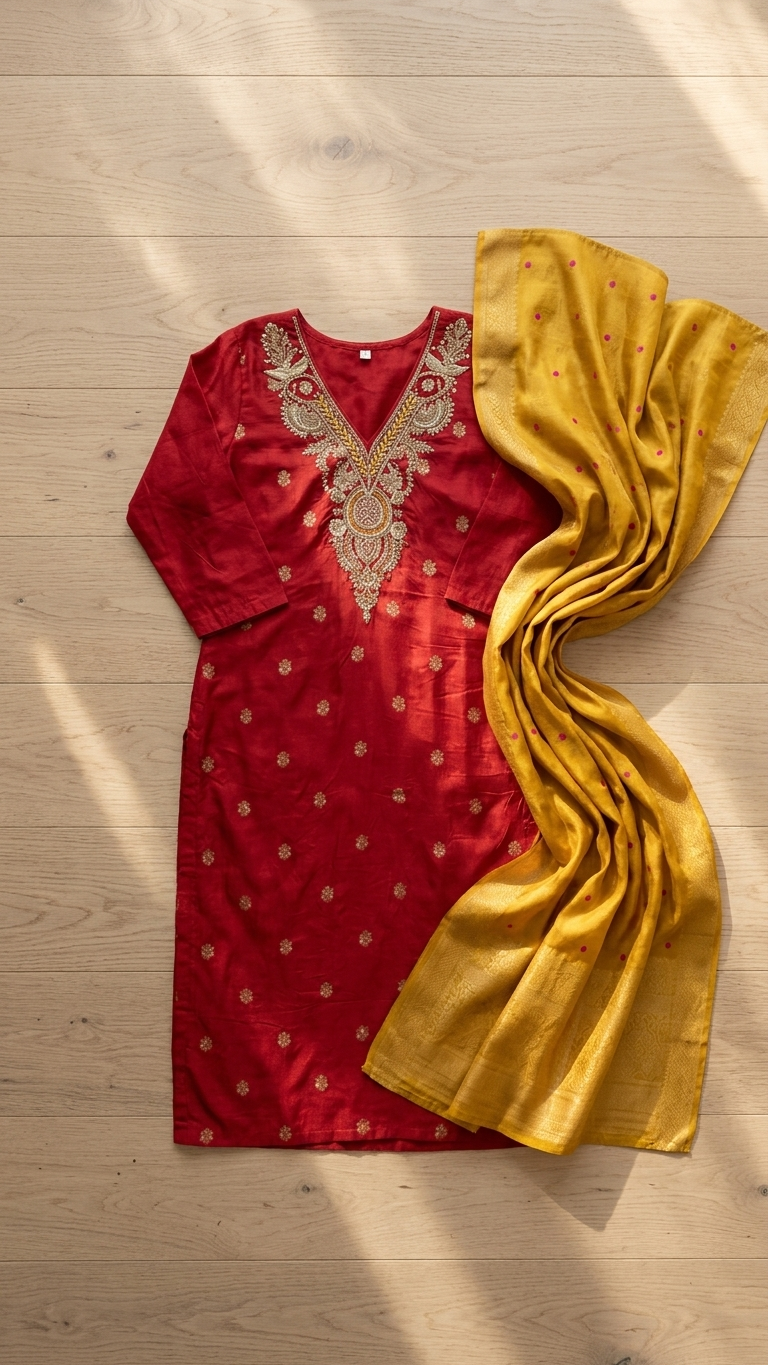 Red Banarasi Silk Kurti Set with Zari & Kundan Embroidery