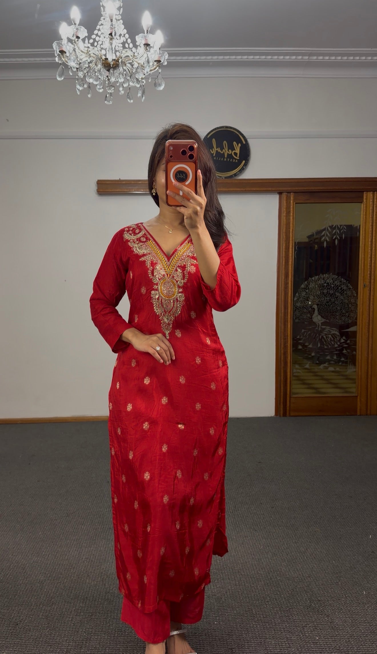 Red Banarasi Silk Kurti Set with Zari & Kundan Embroidery