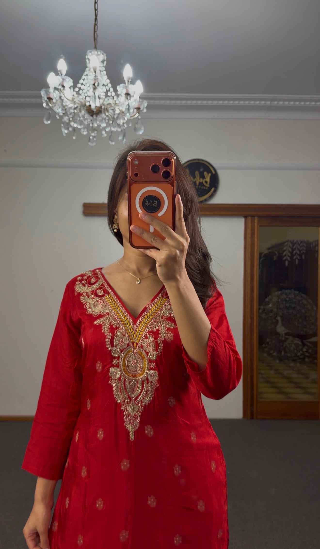Red Banarasi Silk Kurti Set with Zari & Kundan Embroidery