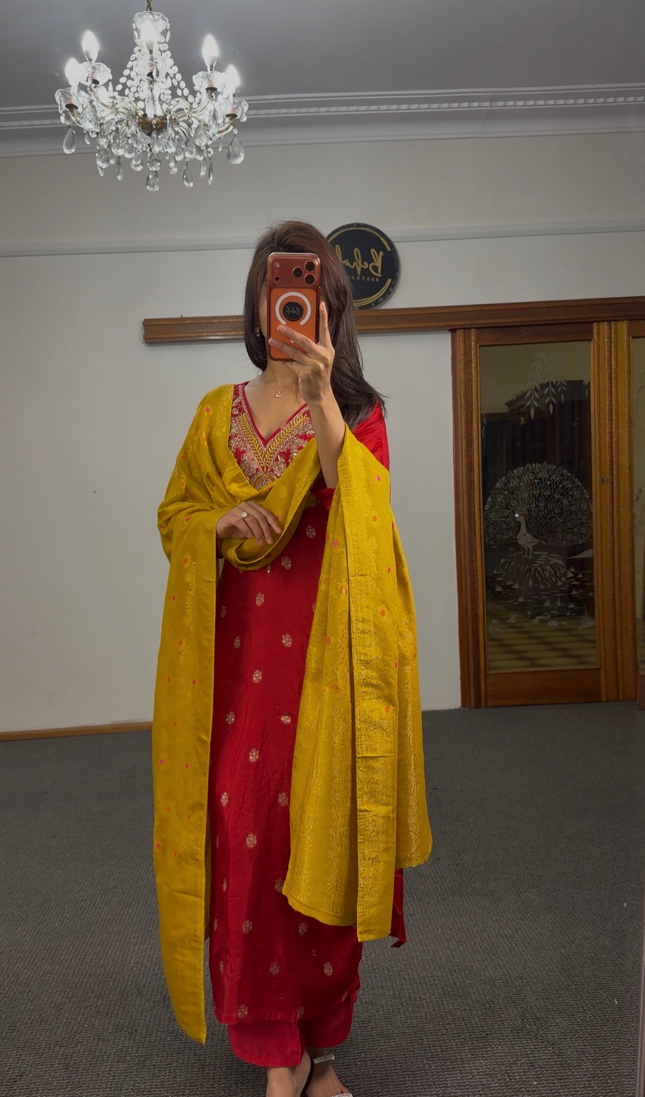 Red Banarasi Silk Kurti Set with Zari & Kundan Embroidery