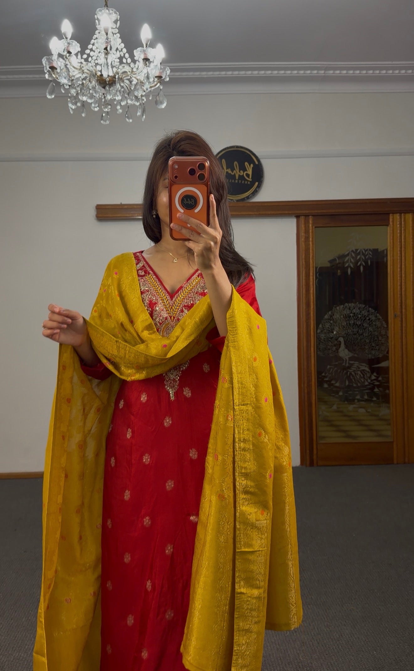 Red Banarasi Silk Kurti Set with Zari & Kundan Embroidery