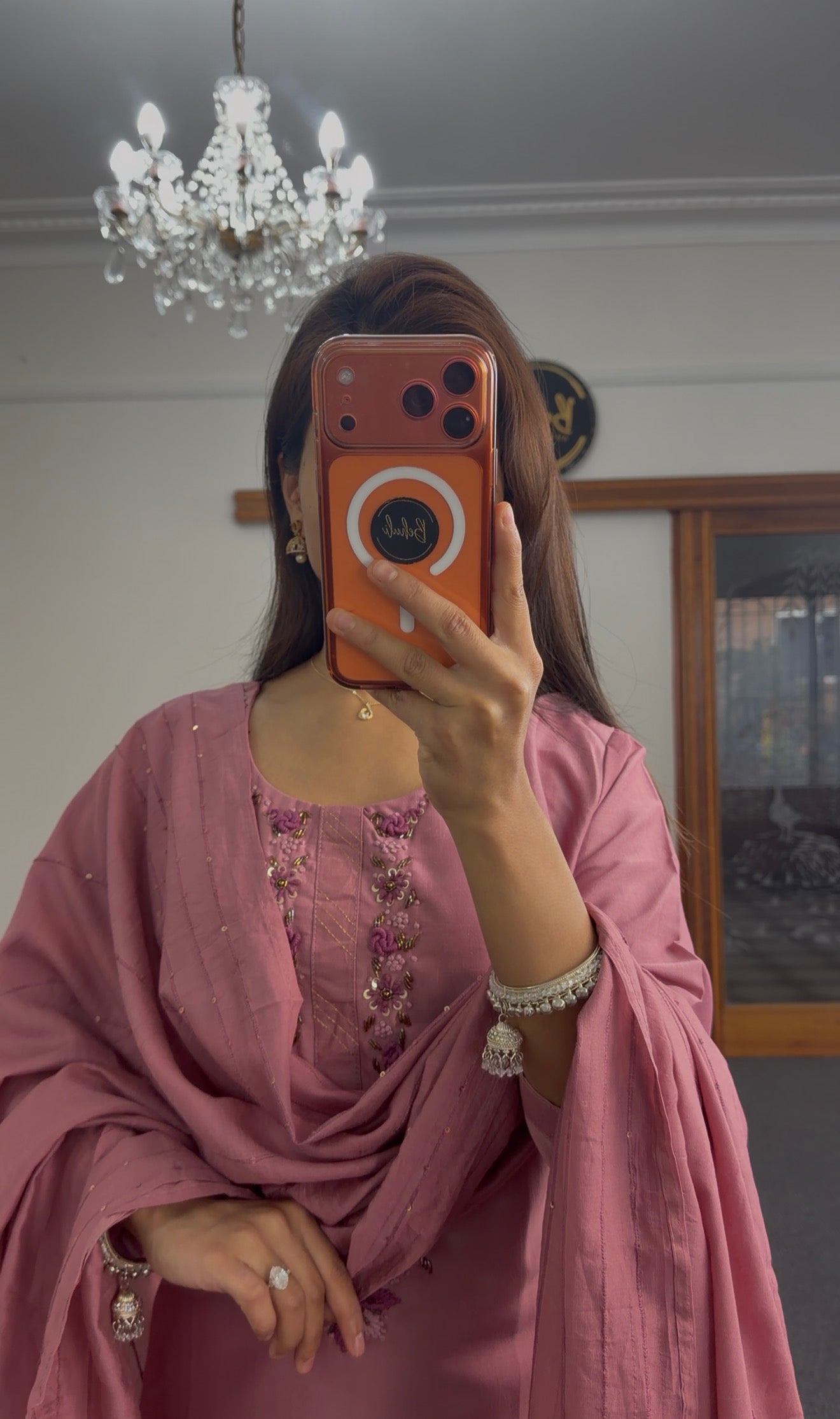 Dusty Rose Floral Silk Kurti Set