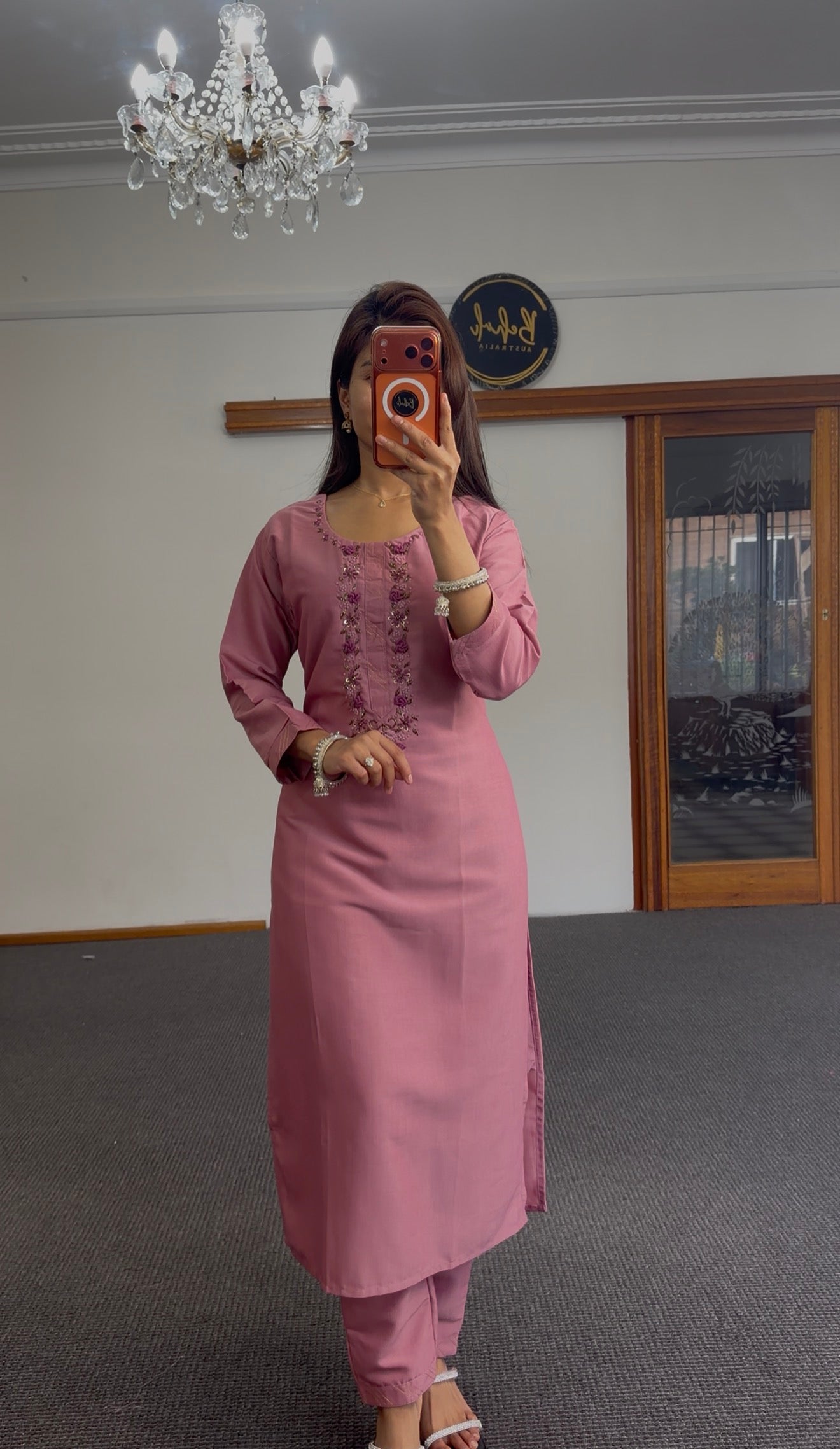 Dusty Rose Floral Silk Kurti Set