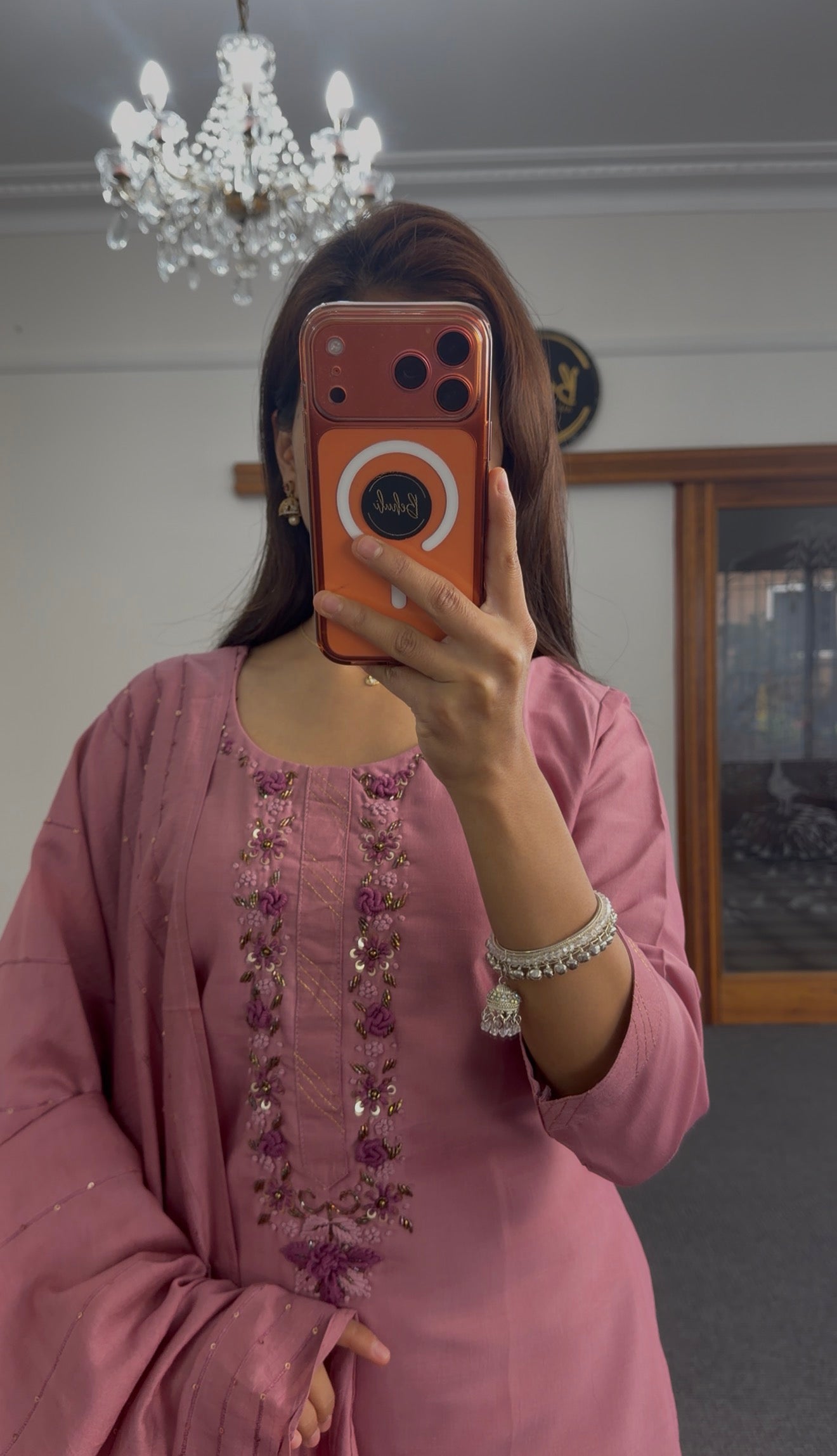 Dusty Rose Floral Silk Kurti Set