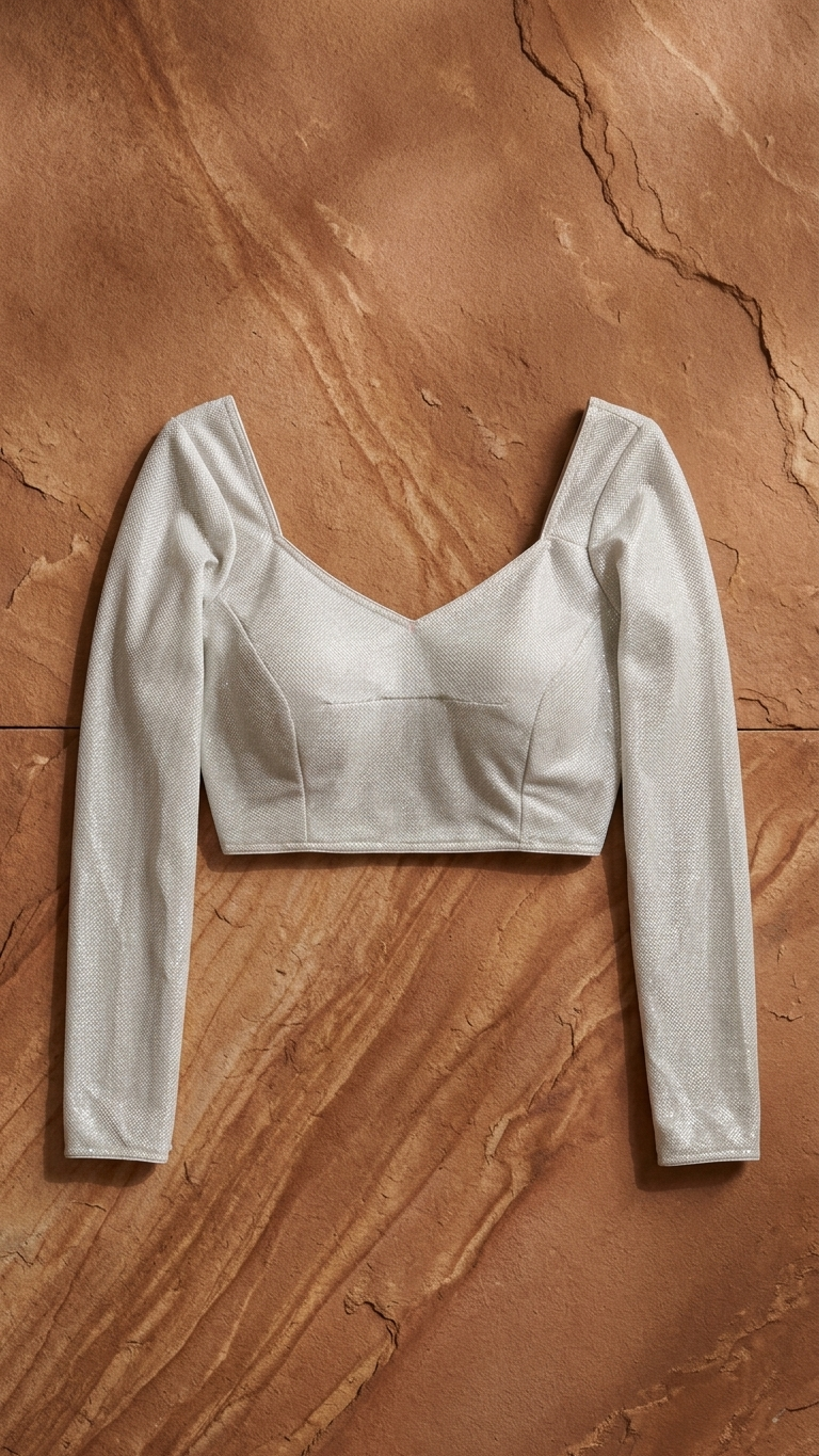 Ivory Shimmer Knit Long Sleeve Crop Blouse | Bust 34 Waist 26