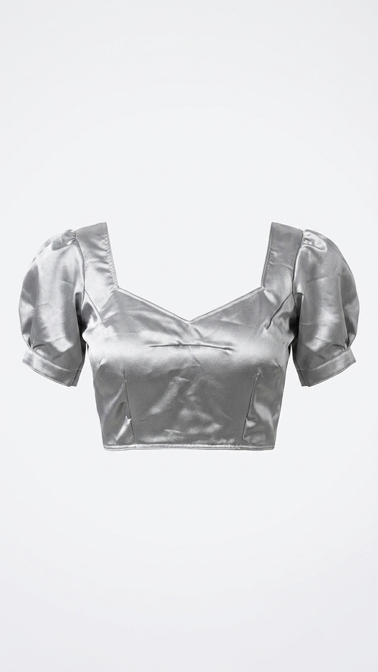 Silver Satin Crop Blouse – Sweetheart Neck Puff Sleeve