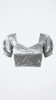 Silver Satin Crop Blouse – Sweetheart Neck Puff Sleeve