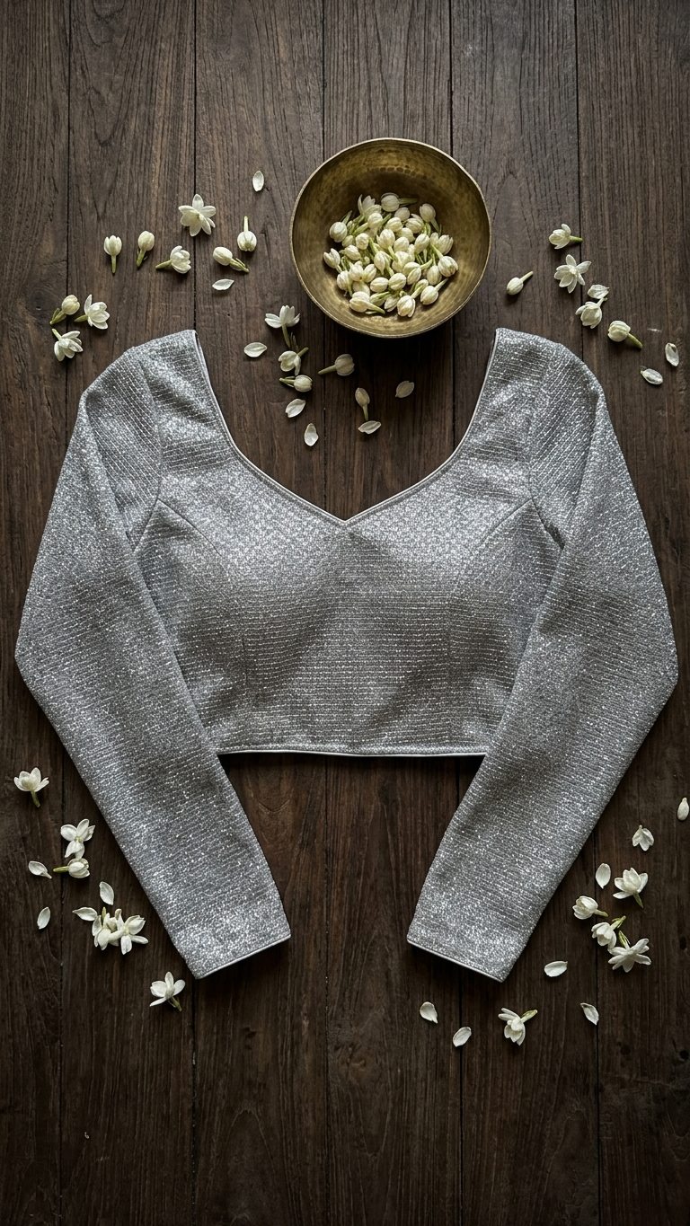Silver Shimmer Blouse – V-Neck Full Sleeve Saree Blouse