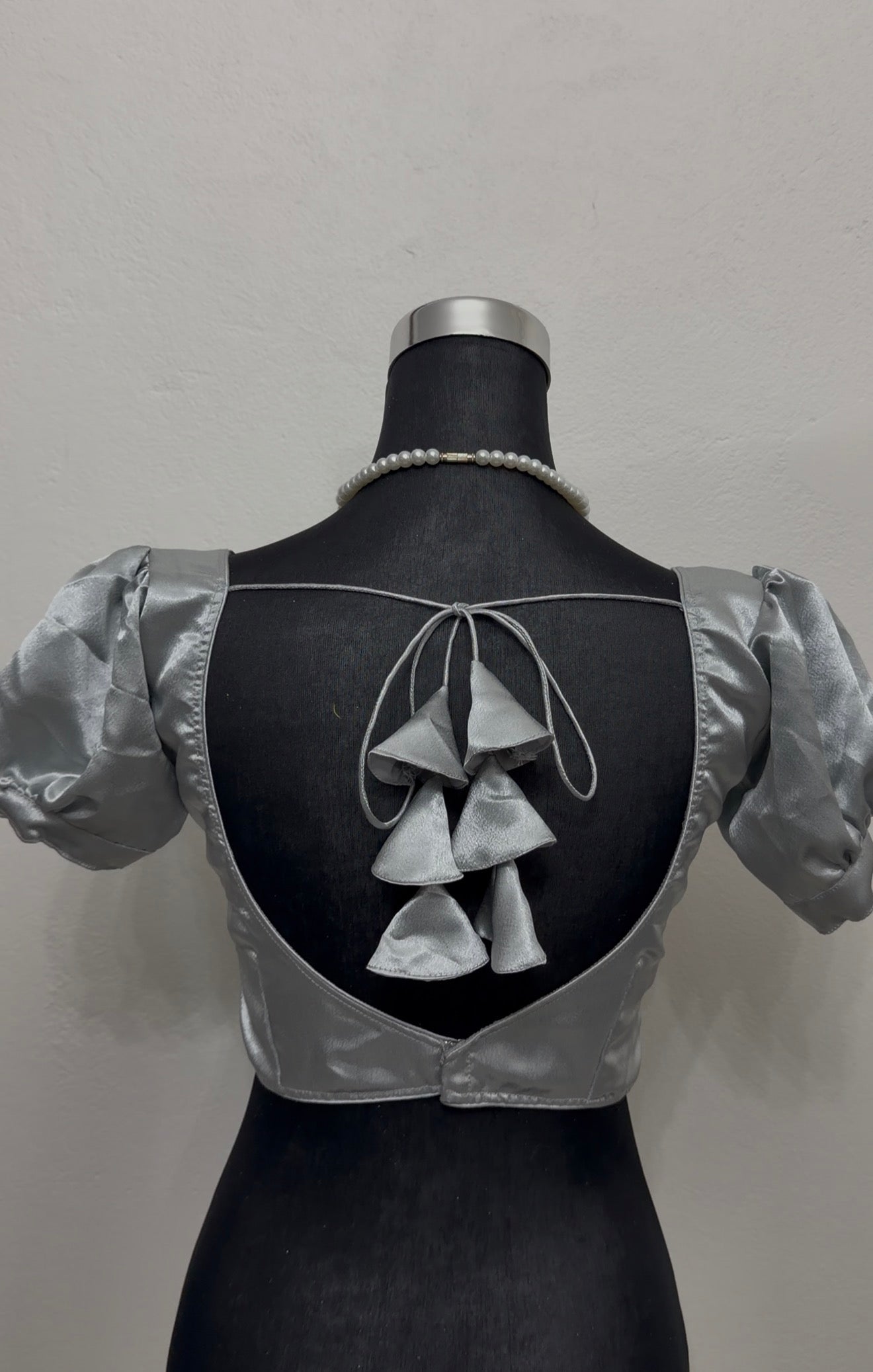 Silver Satin Crop Blouse – Sweetheart Neck Puff Sleeve
