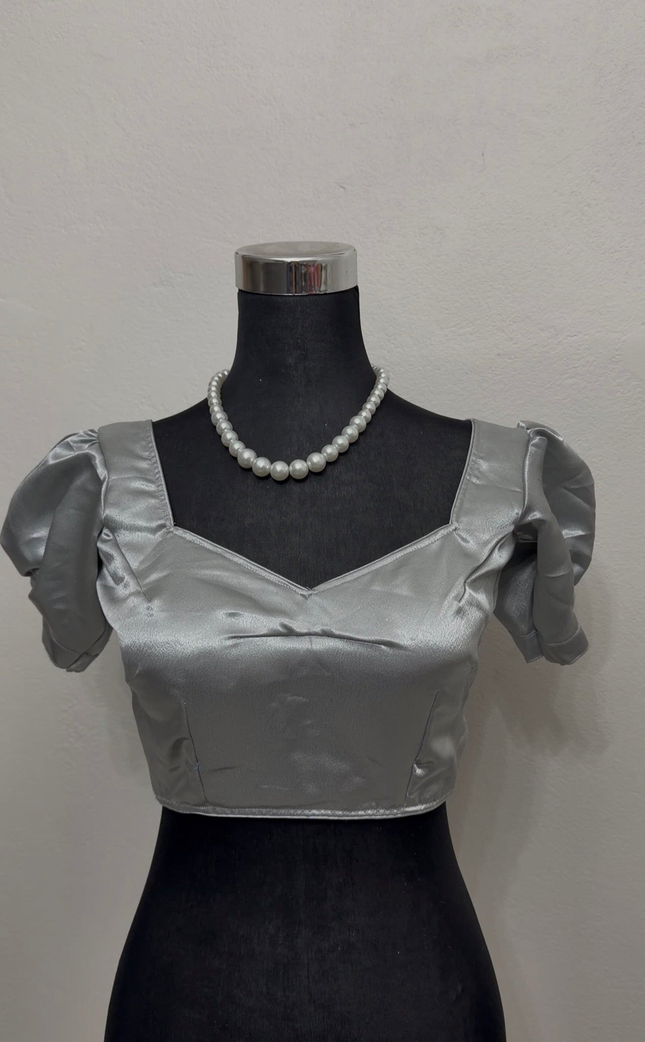 Silver Satin Crop Blouse – Sweetheart Neck Puff Sleeve