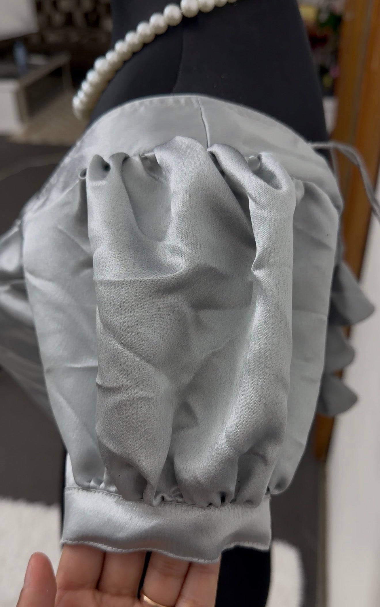 Silver Satin Crop Blouse – Sweetheart Neck Puff Sleeve