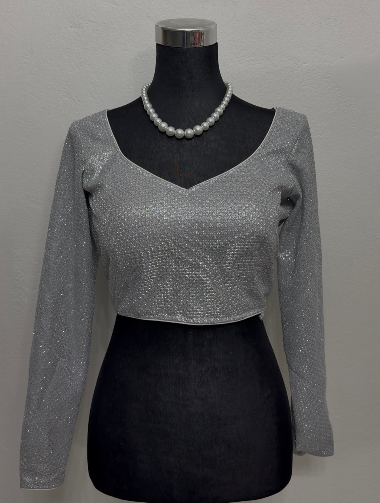 Silver Shimmer Blouse – V-Neck Full Sleeve Saree Blouse