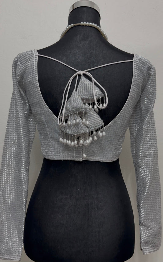 Silver Shimmer Blouse – V-Neck Full Sleeve Saree Blouse