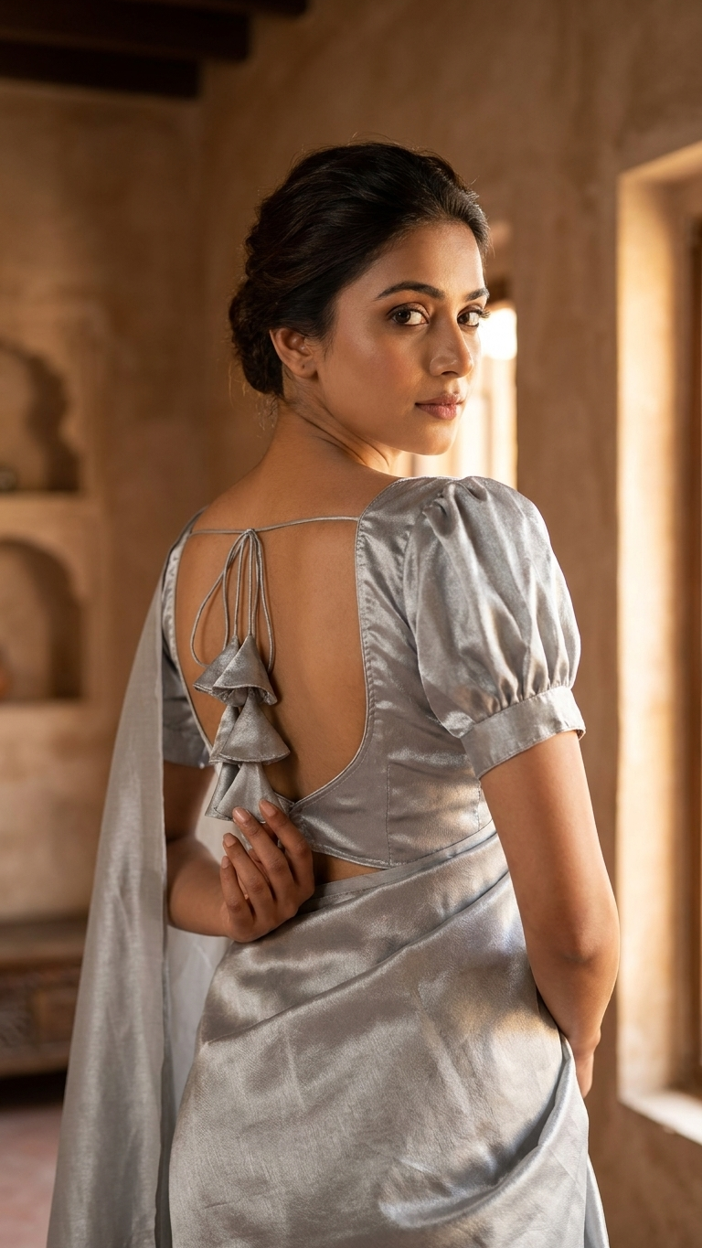 Silver Satin Crop Blouse – Sweetheart Neck Puff Sleeve