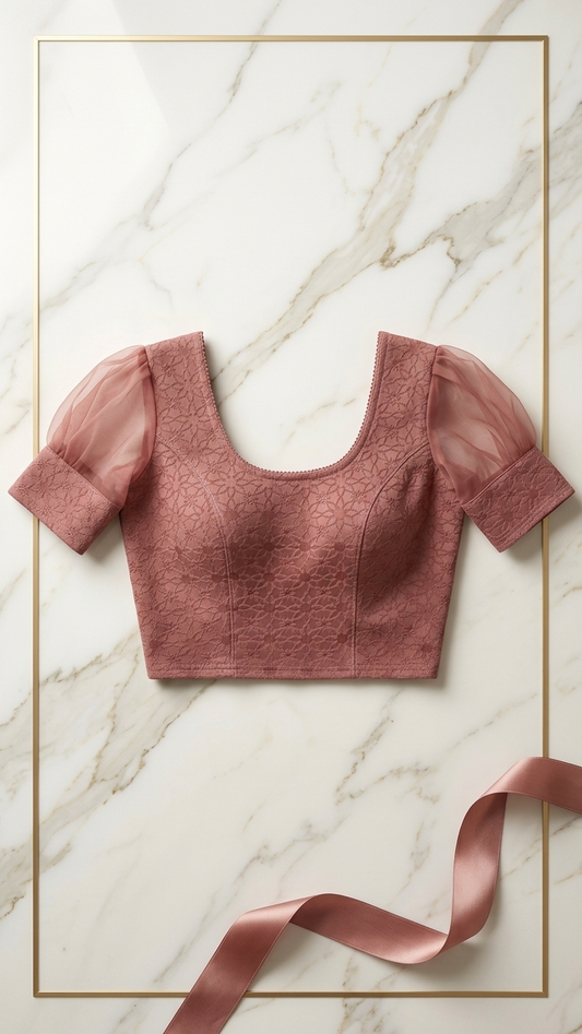 Dusty Rose Lace Blouse with Organza Puff Sleeves | Stretchable