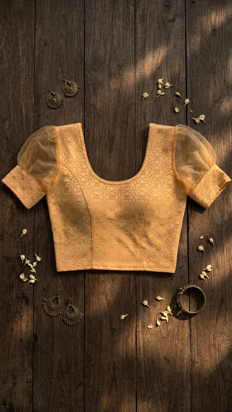 Golden Jacquard Saree Blouse with Organza Puff Sleeves