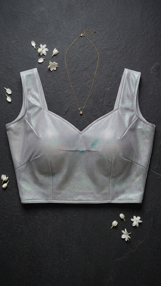 Silver Holographic Saree Blouse | Sleeveless V-Neck Crop