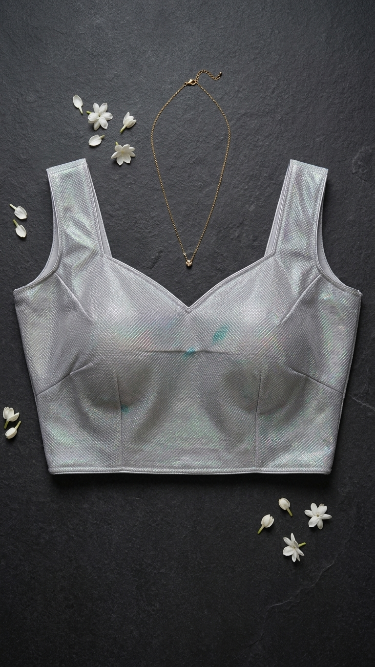 Silver Holographic Saree Blouse | Sleeveless V-Neck Crop