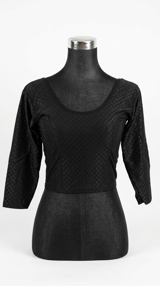 Black Jacquard Stretch Blouse | Scoop Neck 3/4 Sleeve