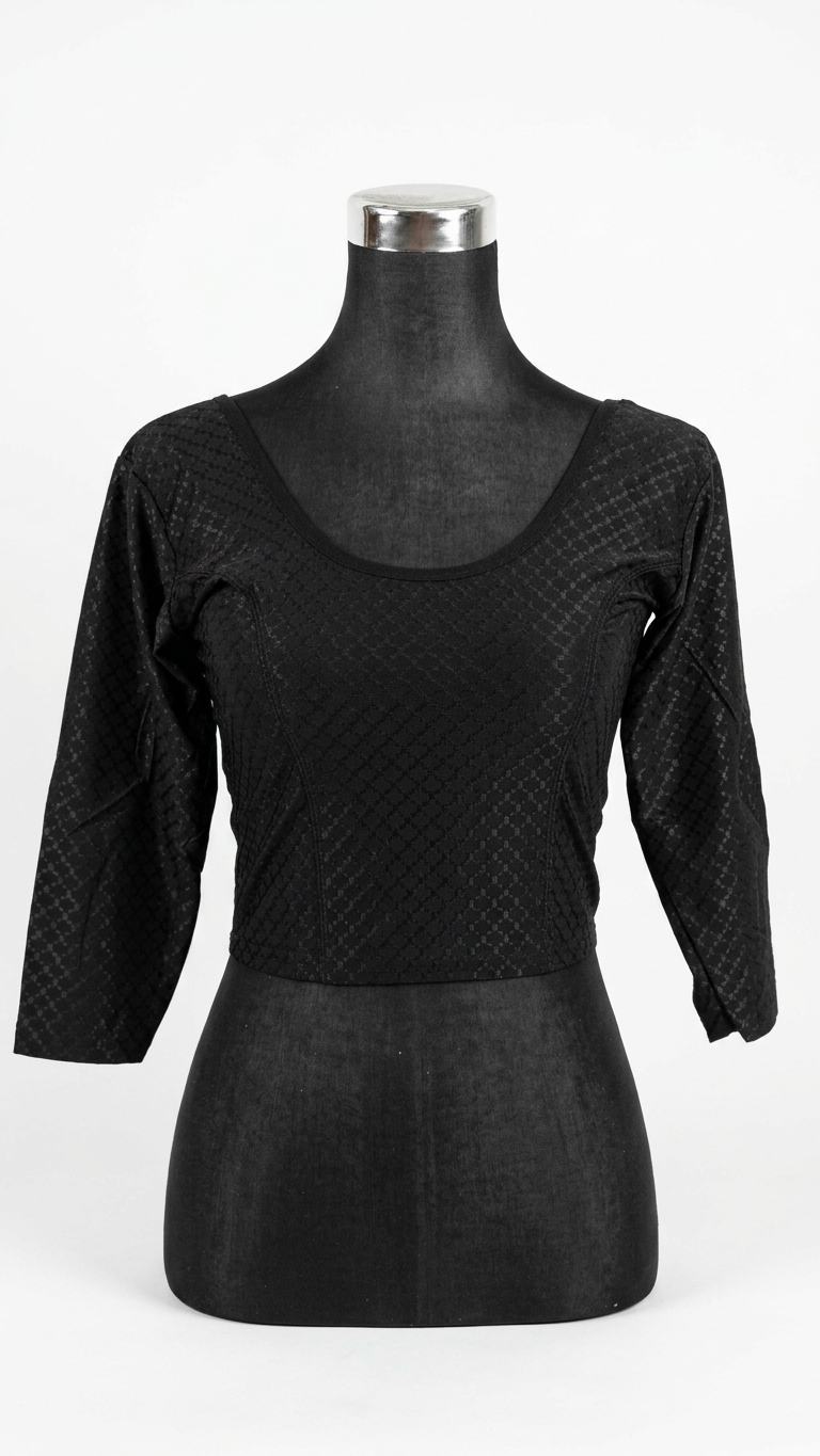 Black Jacquard Stretch Blouse | Scoop Neck 3/4 Sleeve