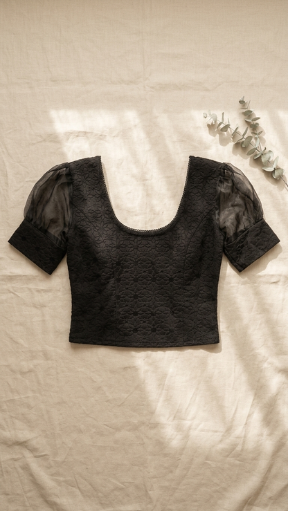 Black Jacquard Saree Blouse with Organza Puff Sleeves