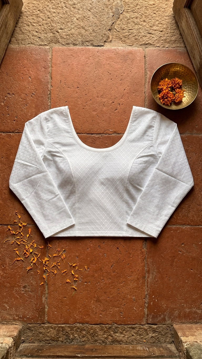 White Cotton Jacquard Stretchable Saree Blouse | Free Size