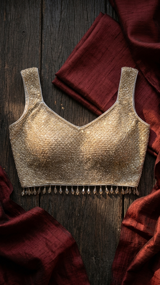 Gold Shimmer Blouse with Crystal Drop Trim | Saree Blouse